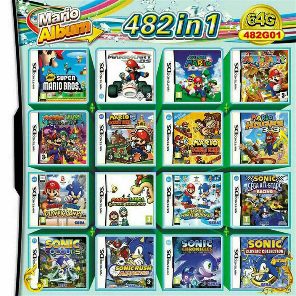 

Mario Album Video Game Card 482 In 1 Cartridge Console Card For NDS NDSL 2DS 3DS 3DSLL NDSI