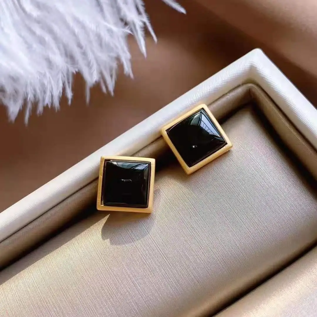 

Hetian Jade Dark Jade Stud Earrings Women's Sterling Silver Simple Cold Style Small Black Earrings Beautiful Square Gem Ear Ring
