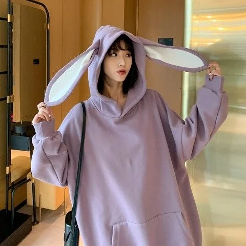 

2021 sleeve loose baggy female tops plus sizeautumn Sweet women hoodies Fashion cute rabbit ears hooded pullovers Lantern