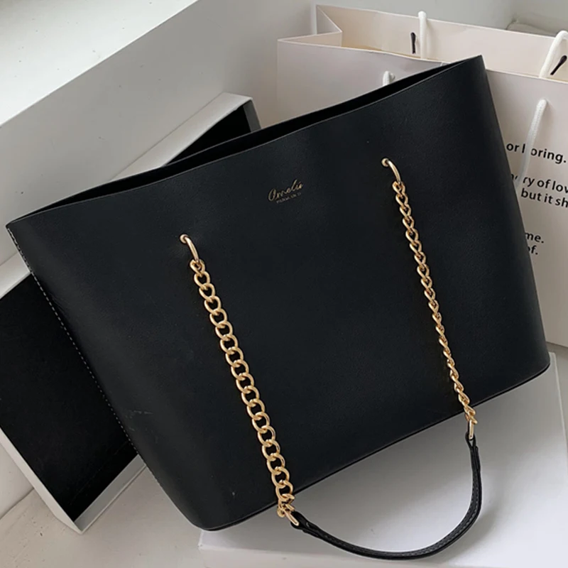 

Solid Color PU Leather Shoulder Bags for Women 2021 Chain Design Large Capacity Tote Bag Luxury Hand Bag Female Top-Handle Bag