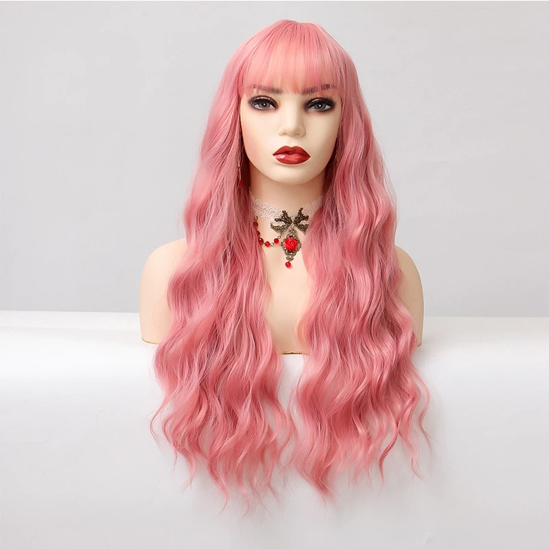 TALANG Ombre Black Pink Wig Long Wavy Synthetic wig for Women wigs Cosplay With bangs Natural Wigs Heat Resistant Fiber Hair