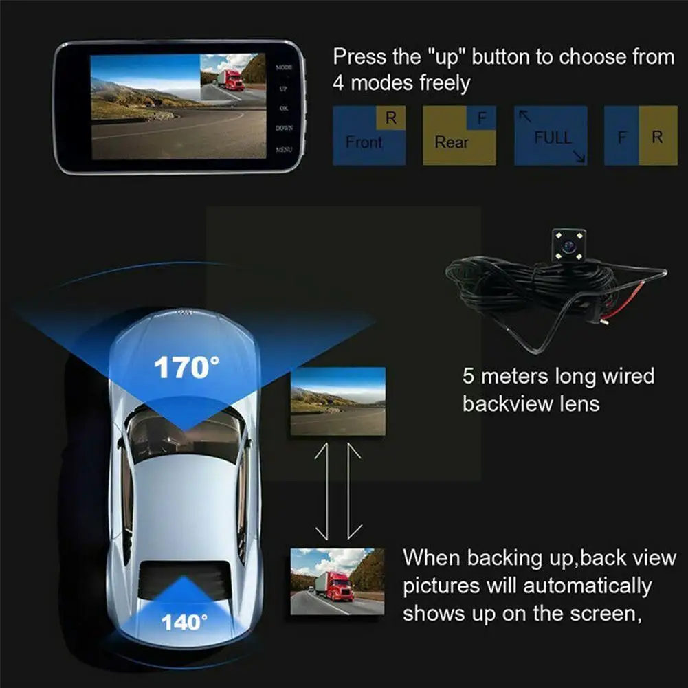 

Видеорегистратор Full HD 1080P, Автомобильный видеорегистратор с широким углом обзора 4 дюйма