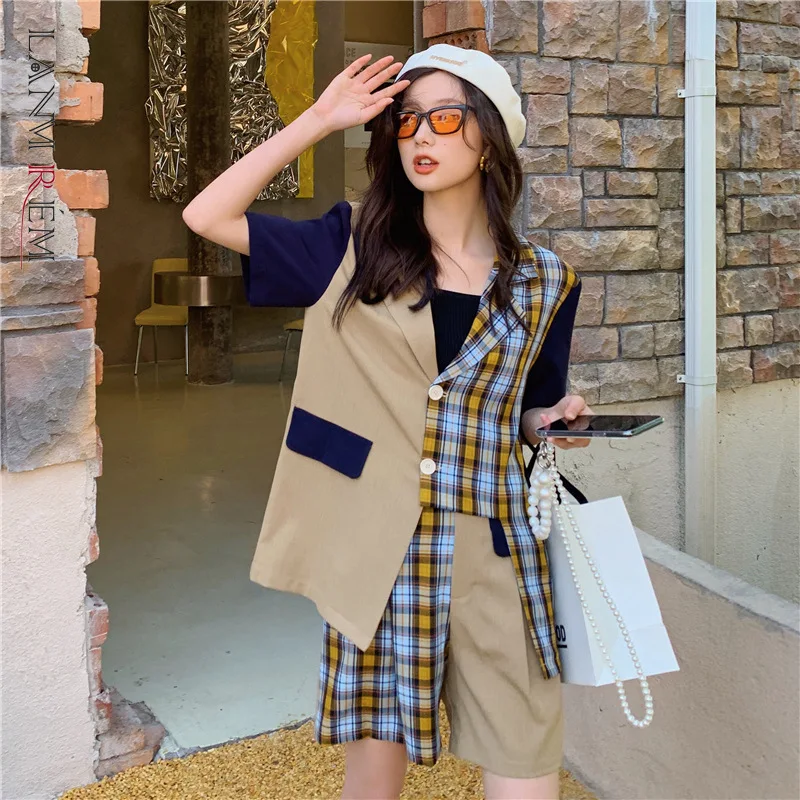

LANMREM Women's Asymmetric Design Plaid Shirt Two Piece Set High Waist Five Point Shorts Summer 2021 New Arrival 2K1809