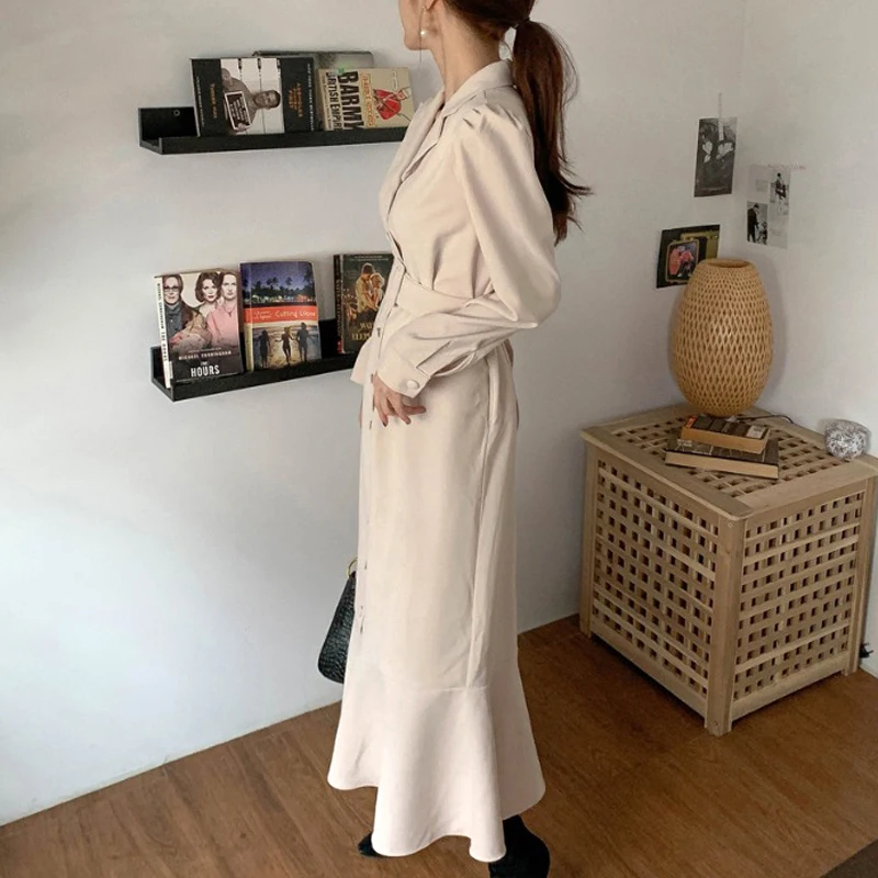 

Office Suit Dress Women Buttons Elegant Solid Color Spring Blazer Dresses Female With Belt Long Sleeve Chic Ladies