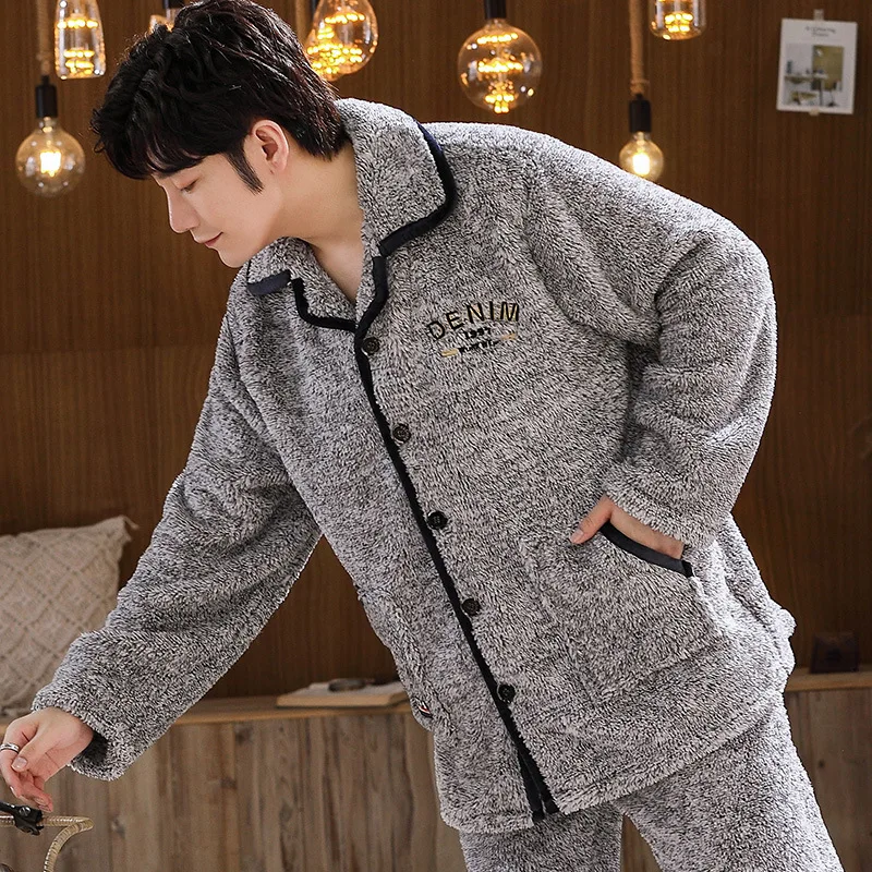 Coral Velvet Pajama Men's Autumn/winter Model Thick Warm Winter Frankincly Velvet Cation Home Clothing Suit Can Be Worn Outside