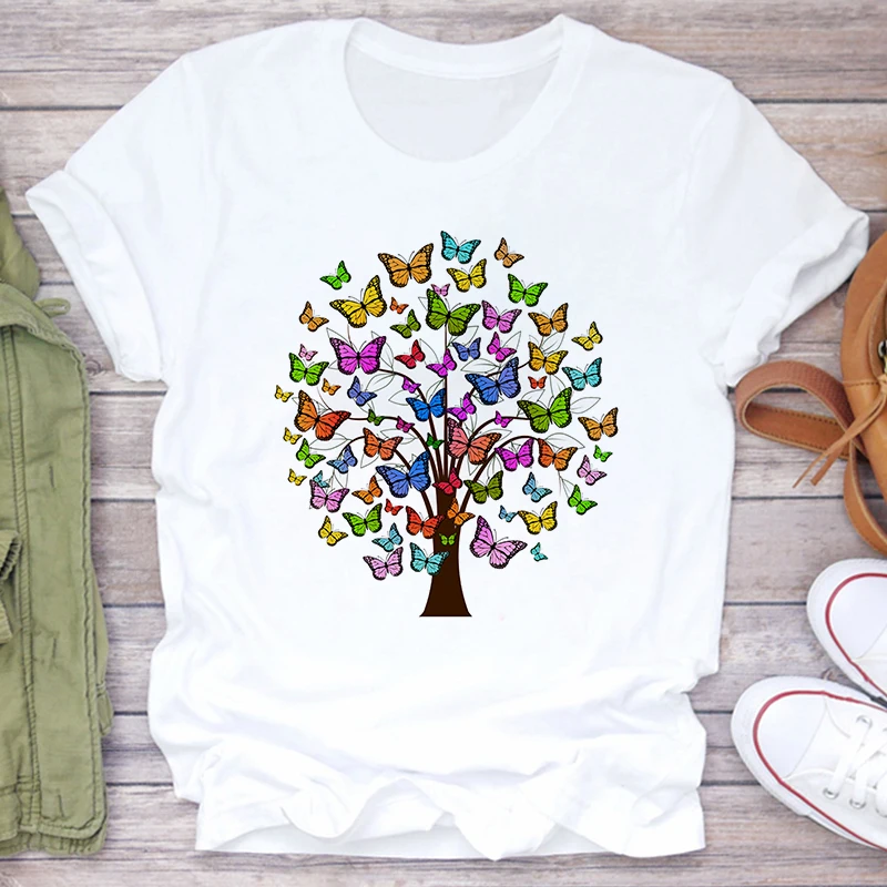 

Butterfly Tree T-shirt Female Summer Casual Tshirt Harajuku Korean Style Graphic Top Women Fashion Blouses 2020 T Shirt Women's