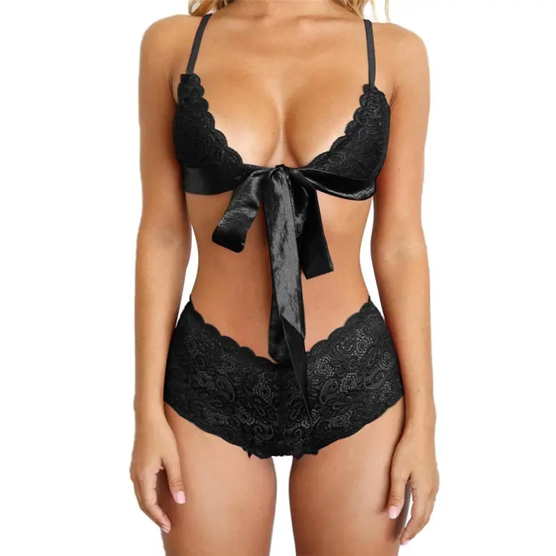 

Women Bow Lace Up Sexy Bra Set 3/4 Cup Solid Color Wire Free Bra High Waist Brief 2020 New Arrival