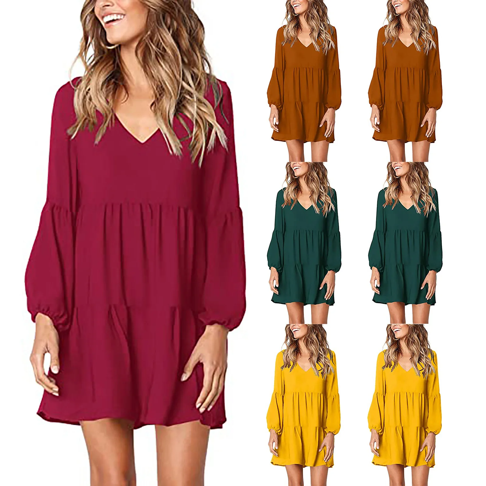 

Women Tunic Dress V Neck Casual Loose Flowy Swing Shift Ruffle Dresses fall dresses for women 2021 cake Dresses
