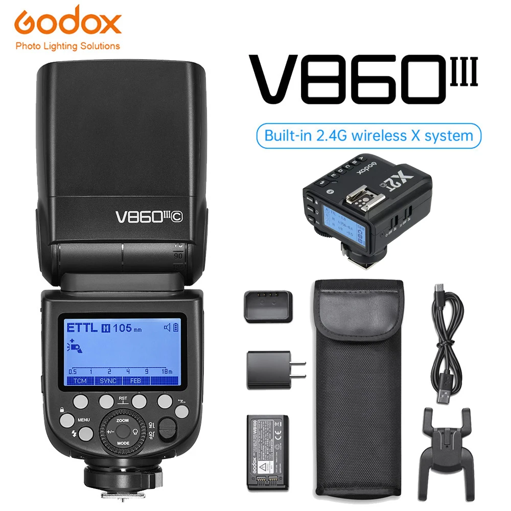 

Godox V860III X2T Speedlight 2.4G HSS TTL Camera Flash 2600mAh Li-ion Battery 0.01-1.5s Recycle Time 10 Levels LED Modeling Lamp