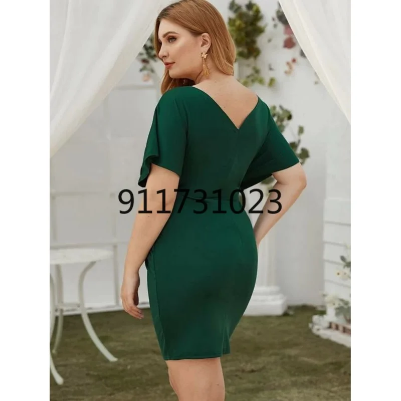 L-5XL Plus Size Women V-neck Bodycon Dress Sexy Club Evening Party Green Short Sleeve Summer Vestido Office Work Wear Modest |