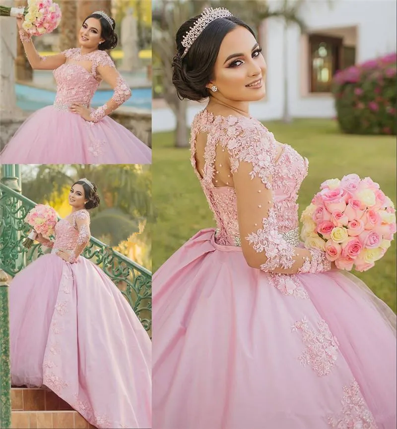 Розовое милое бальное платье 16 Quinceanera 2020 очаровательное с длинным рукавом 3D