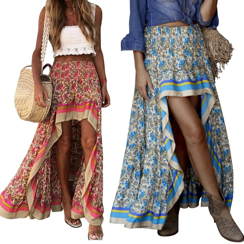 

2 Pcs Boho Print Long Skirts Women Bottoms Elastic Waist Gypsy Ethnic Ladies Skirt, M Size Red & XL Size Blue