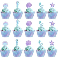 1set little mermaid cake toppers starfish birthday party decoration kids mermaid party cupcake girl baby shower diy supplies