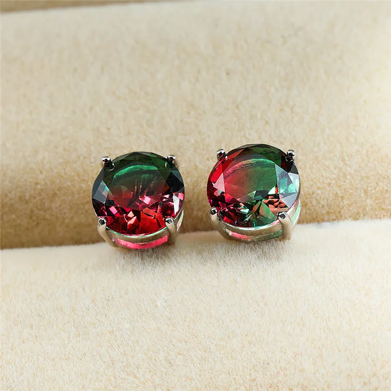 

Luxury Female 6/7/8mm Red Green Round Earrings 100% Real 925 Sterling Silver Earrings For Women Small Wedding Stud Earrings