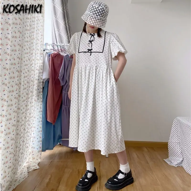 

KOSAHIKI Sweet Polka Dot Dresses Women Sweet Girls Preppy Loose Summer Ladies Elegant Kawaii Vestidos Summer Puff Sleeve Dress