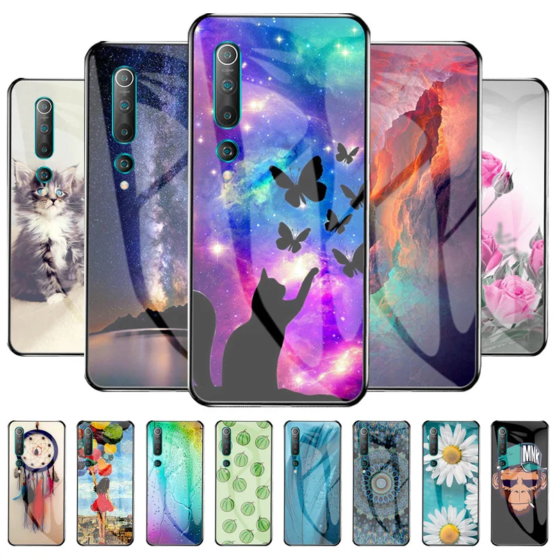 

Tempered Glass Phone Case For Xiaomi Mi 10 Cases Animal Cartoon Back Cover On Xiaomi Mi 10 5G M2001J2G Painted Shell Fundas