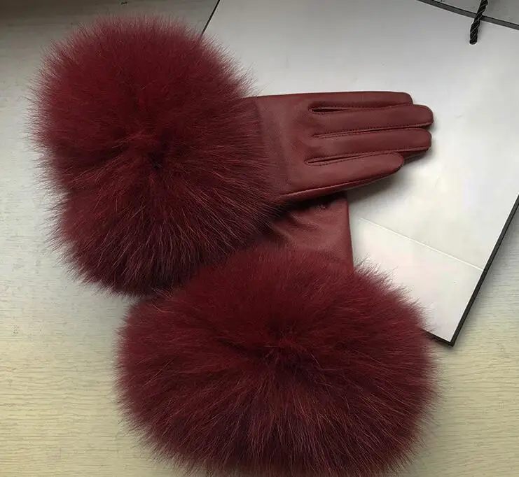Women's natural big fox fur genuine leather glove lady's warm natural sheepskin leather plus size wine red driving glove R2454