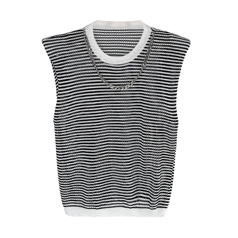 

Summer 2021 New Knitwear Striped Women's T-shirts Classic O-Neck Padded Shoulder Office Shirts Female Chic Fashion Tops Tees