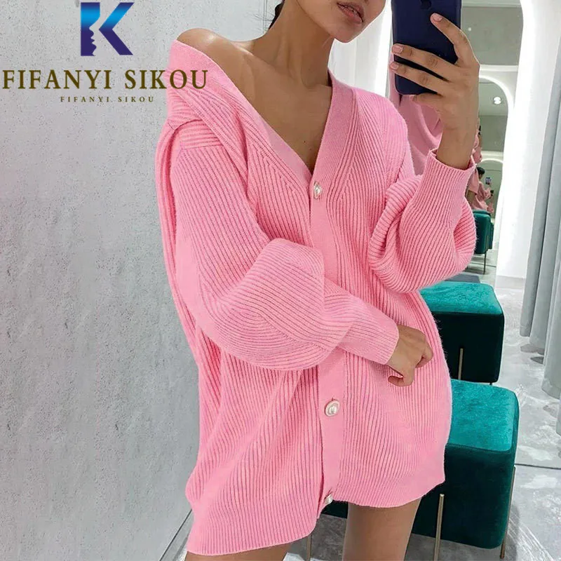 

2021 Autumn Knitted Sweater Jacket Women Single Breasted V-Neck Long Sleeve Fashion Cardigan Knit Coat Female Loose Sweaters