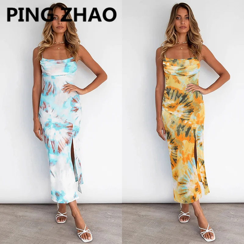 

PING ZHAO 2021 Women Vintage Tie dye Flower Print Spaghetti Strap Dress Slim Temperament Slit Long Dresses Vestido