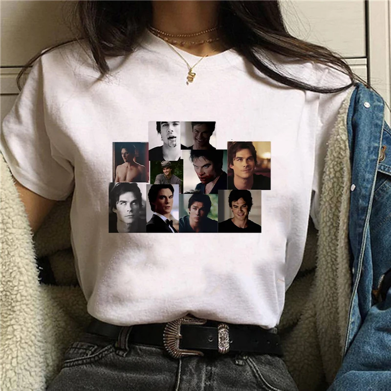 

The Vampire Diaries Harajuku Kpop Casual Short Sleeve T Shirt Women Fashion Ullzang T-shirt DAMON Tshirt 90s Korean Tops Female