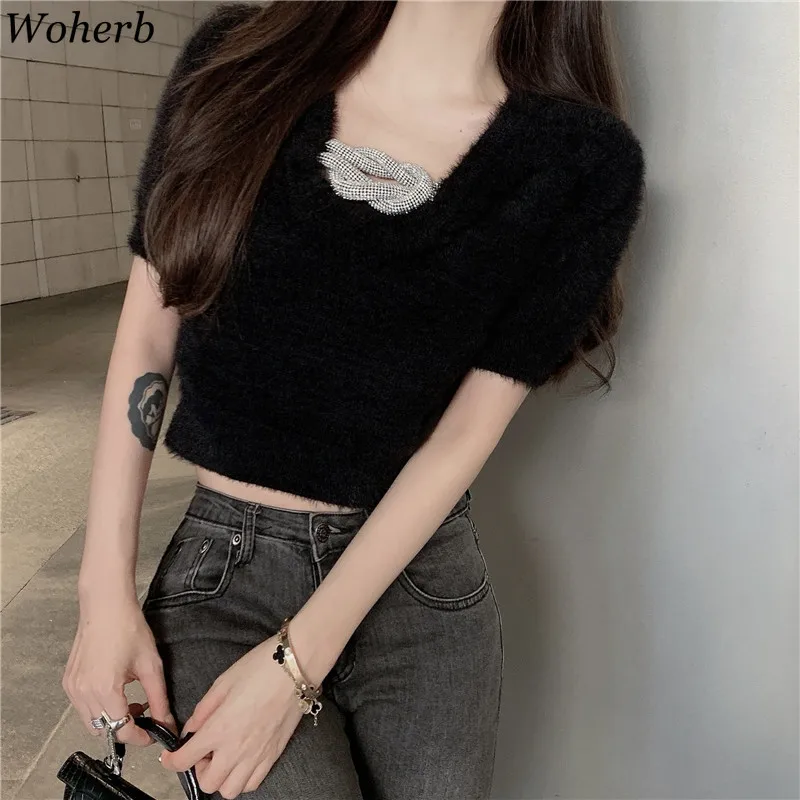 Женские свитера Woherb осенняя одежда сексуальные укороченные пуловеры с V-образным