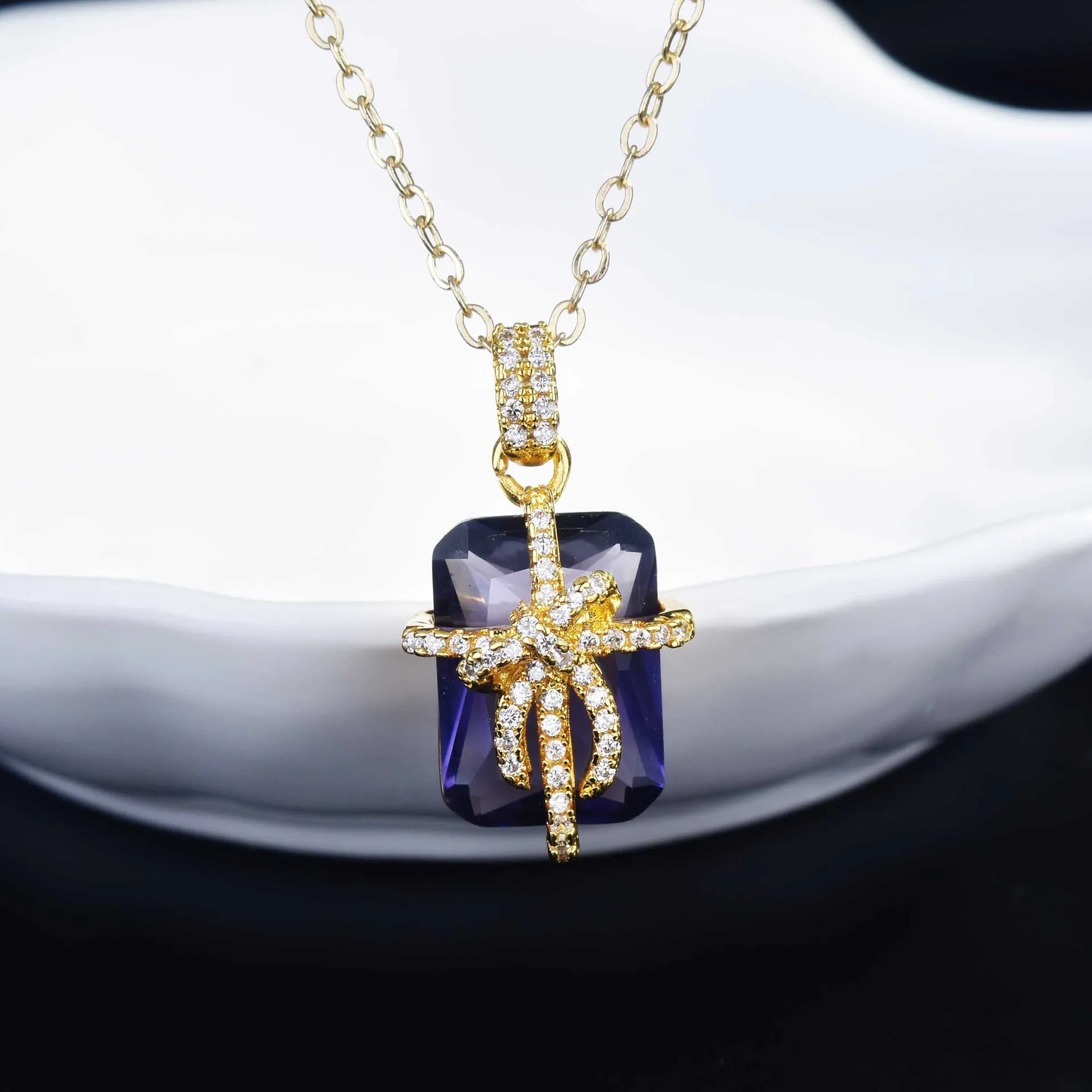 

New S925 Silver Color Necklaces Bow Candy Gift Box Crystal Purple Pendants Necklace for Woman Girl Charm Jewelry Fine Gifts