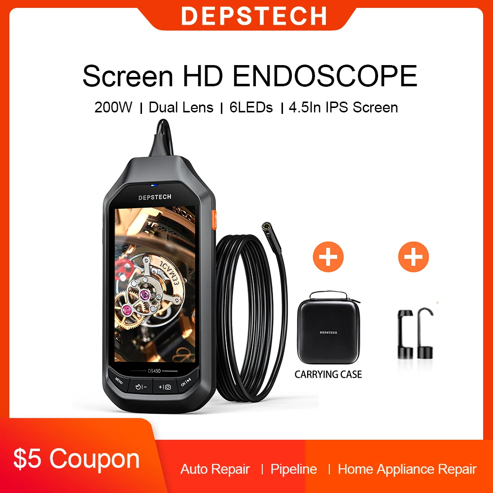 DEPSTECH Dual Lens DS450  4.5in IPS Screen Digital Endoscope Waterproof Inspection Camera with 6 Adjustable LED Lights Borescope