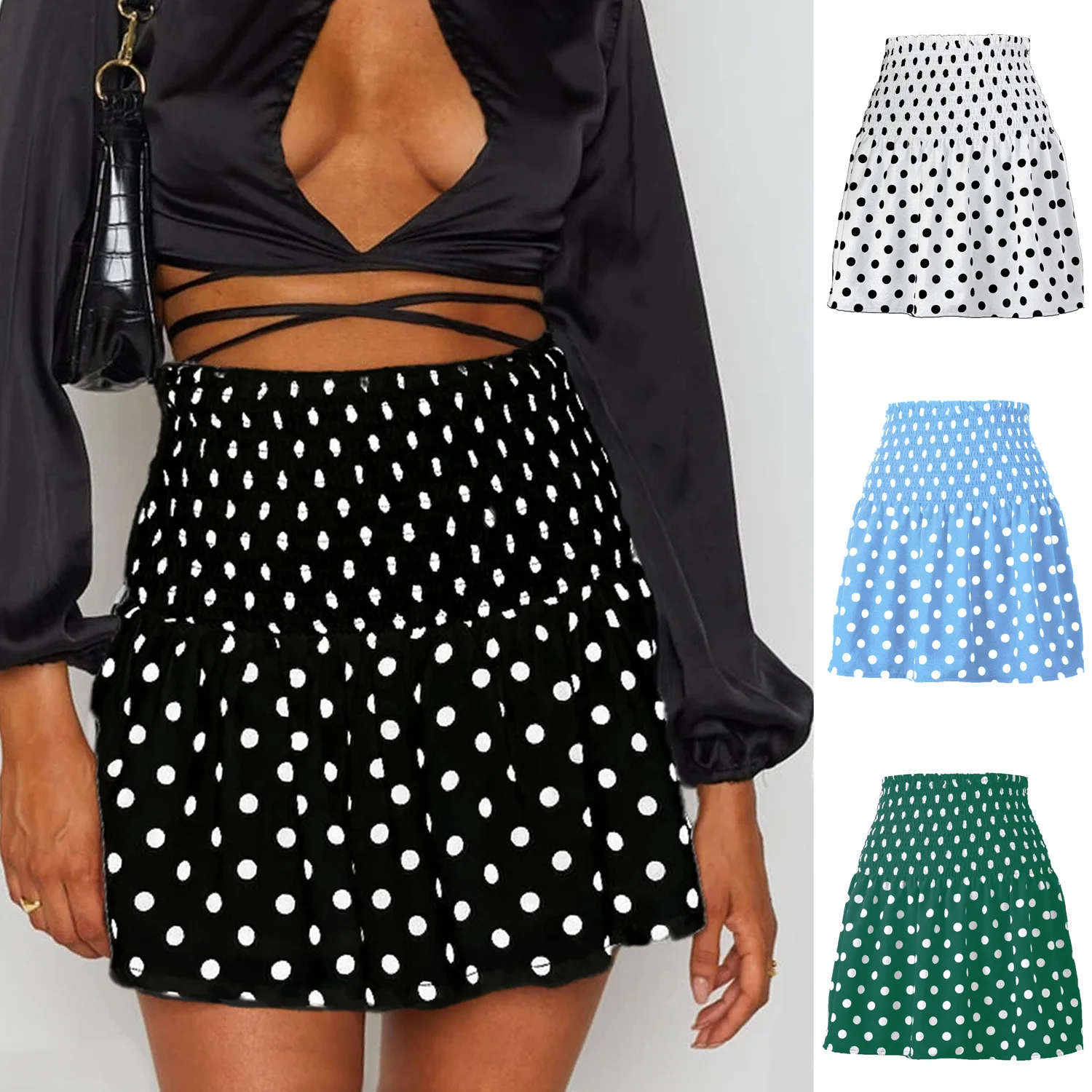 

2021 High Waist Polka Dot Mini Bohemian Beach Skirt A Line Chiffon Korean Lolita Retro Vintage Streetwear Black Skater Party