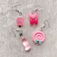 1pair drop earrings cute pink color ice cream and candy food handmade flatback resin earrings jewelry for woman and children