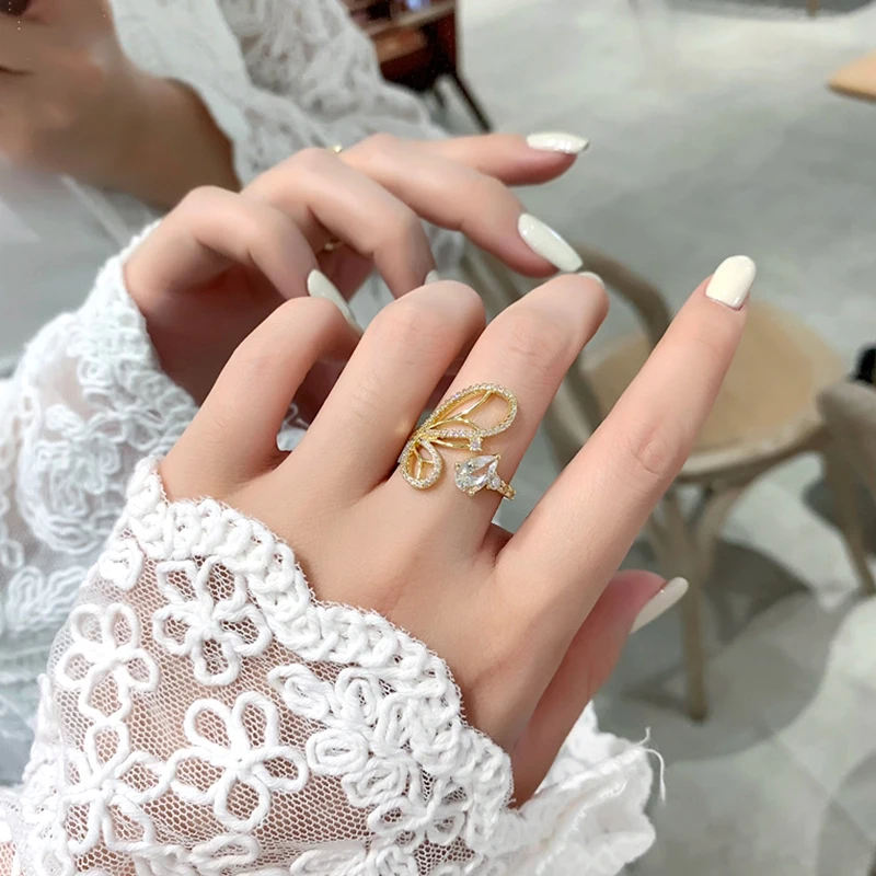 

Trendy Exquisite 14K Real Gold Plated Butterfly Crystal Rings for Women Jewelry Adjustable Opening AAA Zirconia Ins Girl Gift
