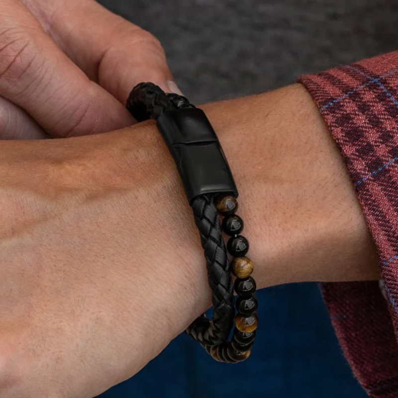 Браслет из натуральной кожи с бусинами тигровый глаз | Украшения и аксессуары