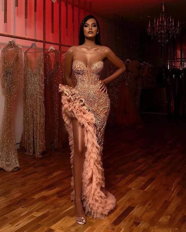 Aso Ebi Шампань Румяна платье русалки Выпускной 2020 блестящие бисерные оборки с