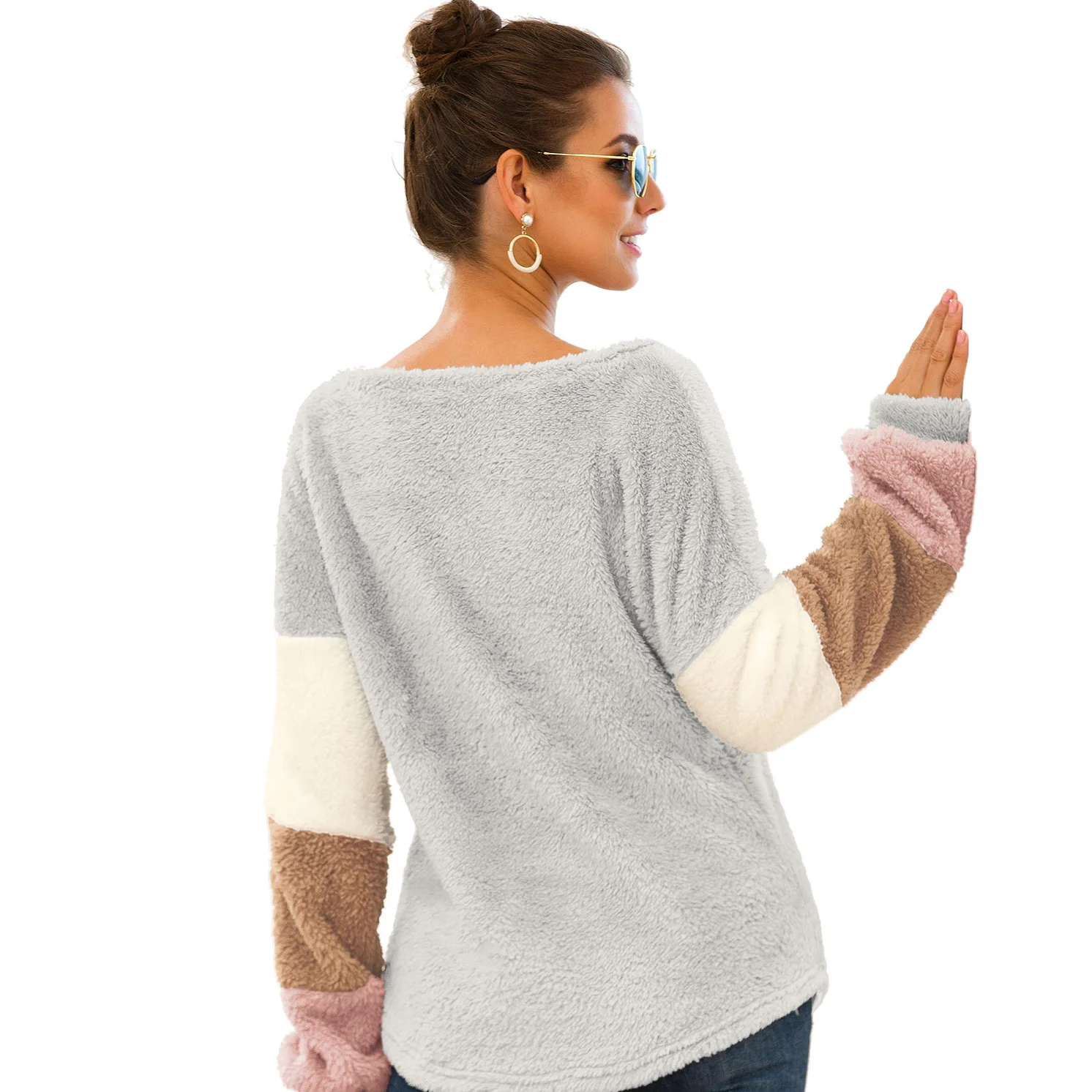 

2019 Women's Sweaters Hoodies Autumn New Patchwork Loose O Neck Thick Double-faced Fluffy Tops