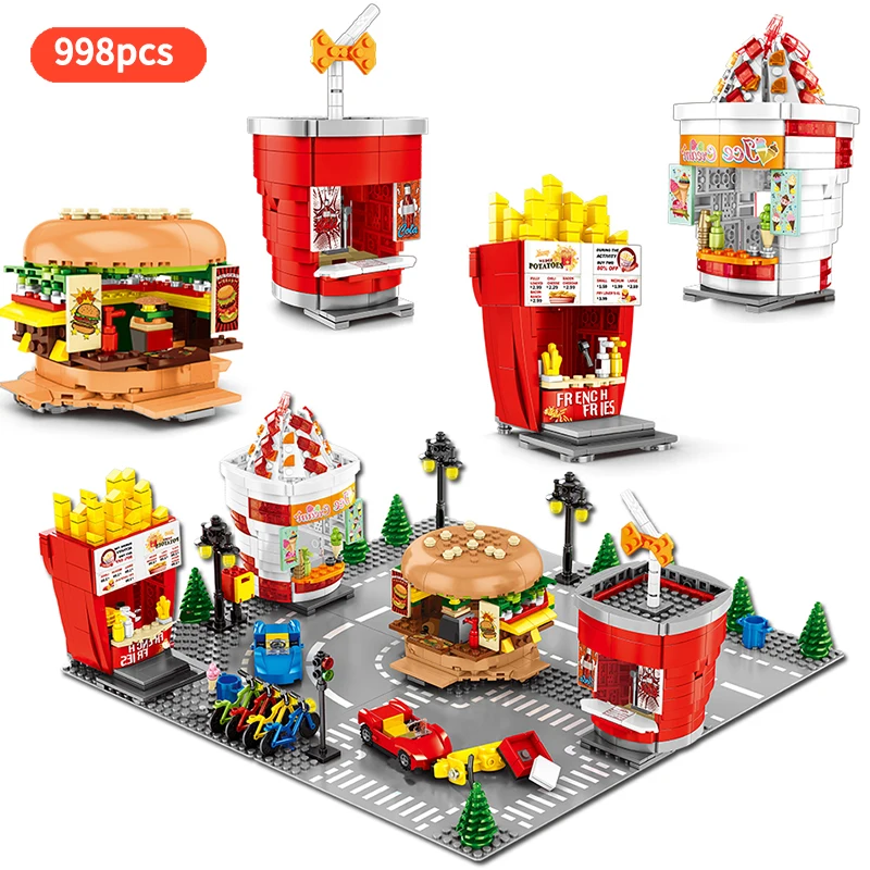 

City Street View Burger shop Hamburger French fries Cola Ice cream store City Building Blocks Children Toys For Boys Gift