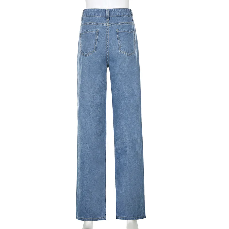 

Mandylandy Jeans Summer High Waist Button Denim Straight-Leg Trousers Women's Sexy Solid Color Loose Hole Jeans