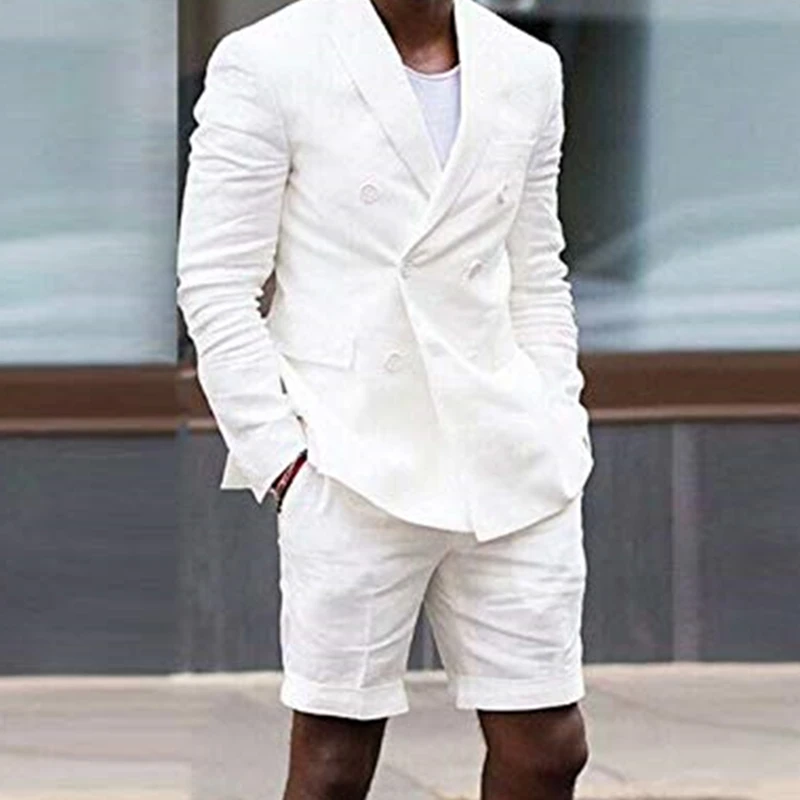 

Костюм мужской льняной приталенный, модный белый смокинг для жениха, двубортный пиджак и шорты, костюм для свадебной вечеринки, на лето
