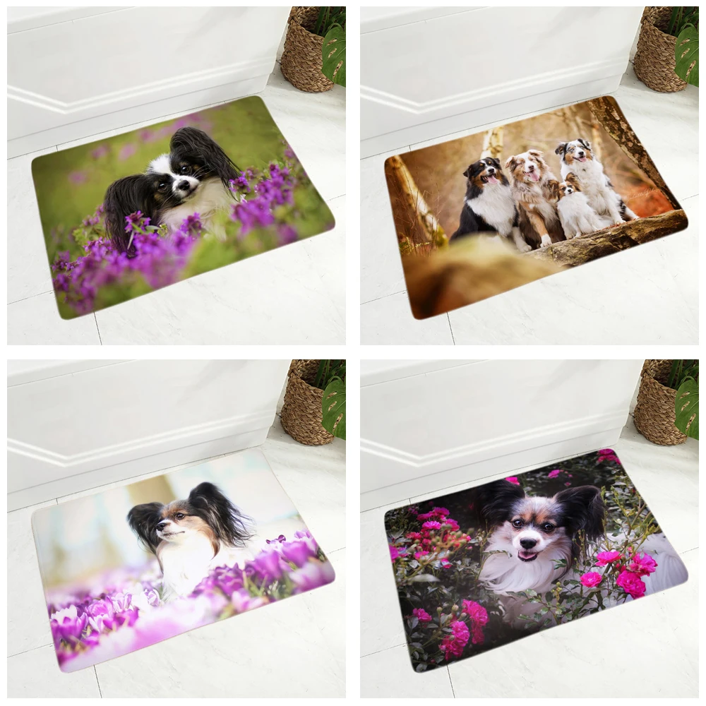 

Cute Spain Papillon Dog Doormat Decor Pet Animal Floor Door Mat Non-Slip Soft Flannel Carpet for Hallway kitchen Room 40x60cm