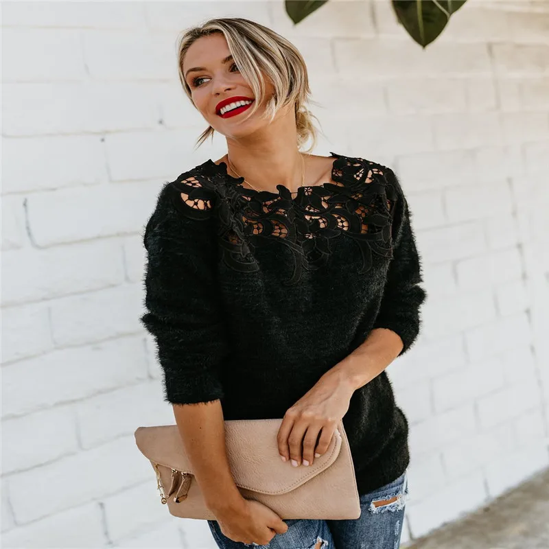 

Hot Fashion Women's Loose Knitted Pullover Jumper Sweater O Neck Long Sleeve Knitwear Top Lace Floral Collar Winter Streetwear