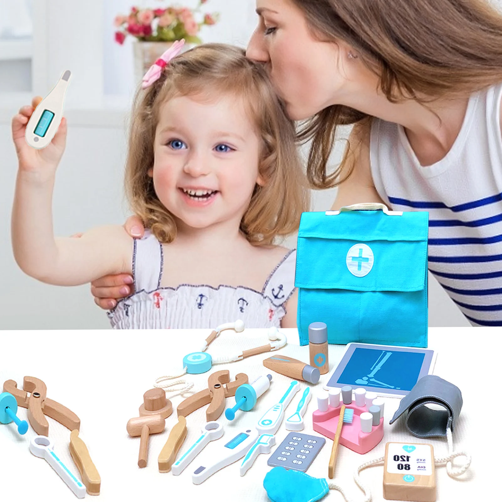 

Doctor Toys For Children Set Kids Wooden Pretend Play Kit Games For Girls Boys Blue Medical Dentist Medicine Box Cloth Bags