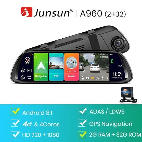 A9602 2G-32G Junsun A960 Android 8,1 ADAS 2G+ 32G 1" СТРИМ медиа dash cam камера Автомобильная камера рекордер dvr dashcam gps навигация 1080P wifi - Название цвета: A9602 2G-32G