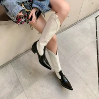 mixed color solid pointed%c2%a0toe%c2%a0slip%c2%a0on%c2%a0boots chunky heels low heels black and white new women botas autumn winter long boots
