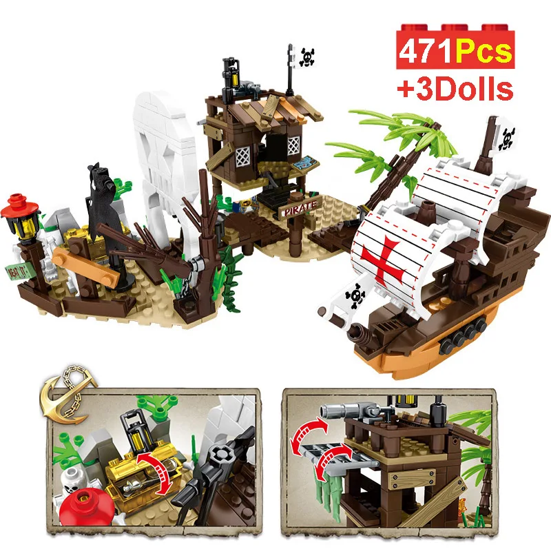 471Pcs City Caribbeaned of the Pirates Ship Island Model Building Blocks Movie Boat Treasure Chest With Figures Kids Toys Gifts
