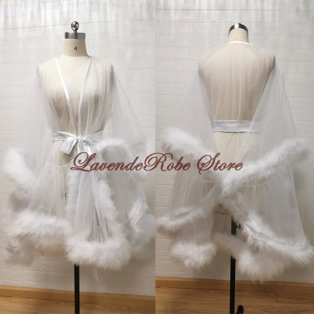 

Women Feather Bathrobe Short Bridal Robe Wedding Scarf Illusion Tulle Nightgown Honeymoon Perspective Sheer Bathrobe Sleepwear