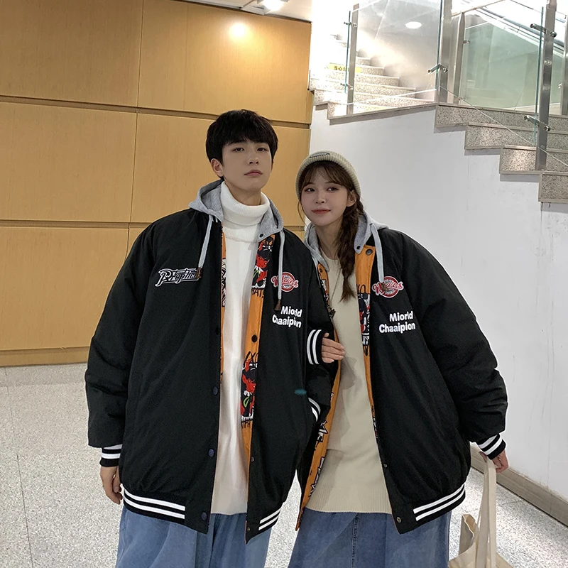 2021 men winter Parka reversible Anime Printed cotton coat japanese fashion streetwear oversized hippie Jacket couple clothes