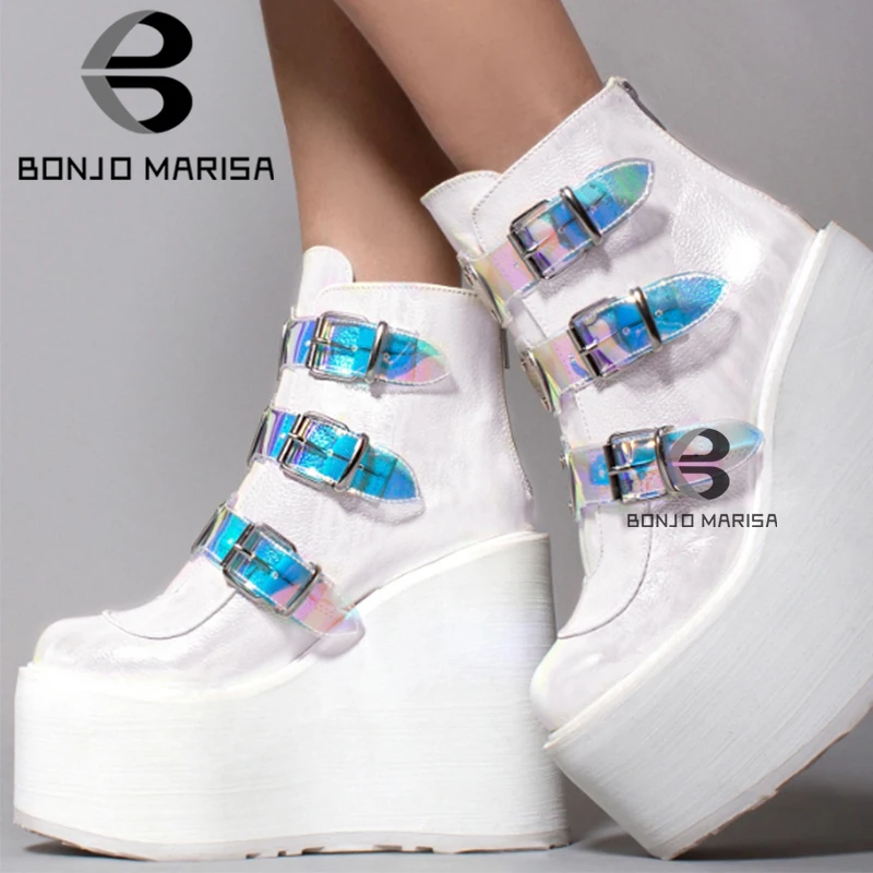 dropshipping ins hot brand high platform ankle boots women 2020 fashion pvc strap decorating high wedges shoes woman free global shipping