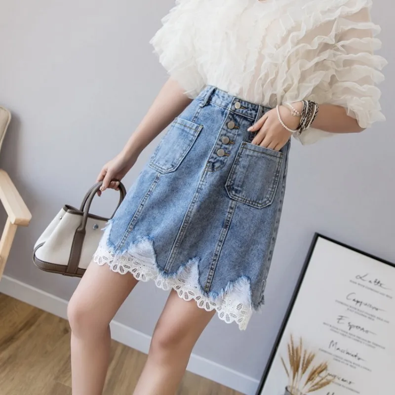 

Сексуальная кружевная женская джинсовая мини-юбка, модная летняя Корейская юбка с высокой талией на одной пуговице, элегантная облегающая ...