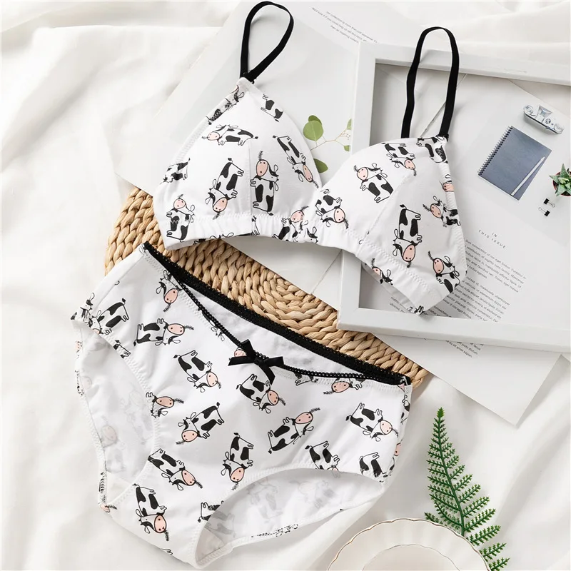 

Lolita Women French Triangle Cup Bra Sexy Lingerie Set Cute Cartoon Cow Underwear Panties Comfortable Wire Free Bralette Briefst
