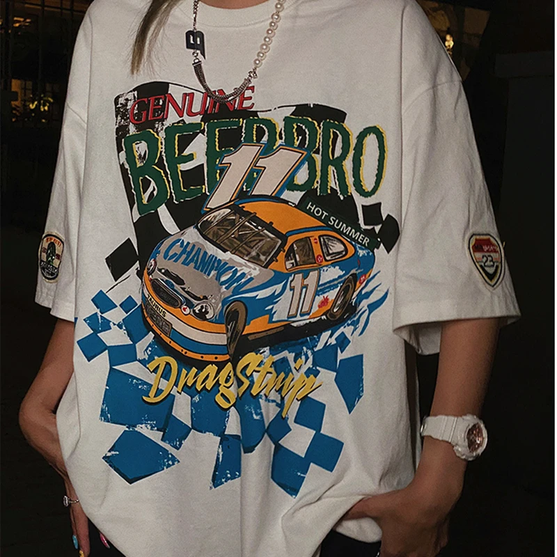 

Футболка хлопковая с круглым вырезом, винтажная уличная одежда с принтом гоночных автомобилей, в американском стиле, повседневный летний т...