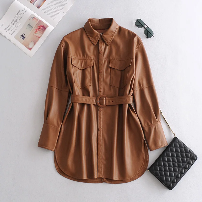 Nice Brand Faux Soft Leather Jackets Coats Lady Khaki single breasted Pu Shirt Pop Autumn Winter Casual Long Sleeve Tops Blouse